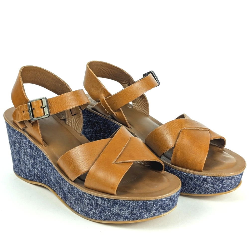 Like NEW KorkEase x Sundance Leather Tan Platform Wedge Sandal Myrna Size 8